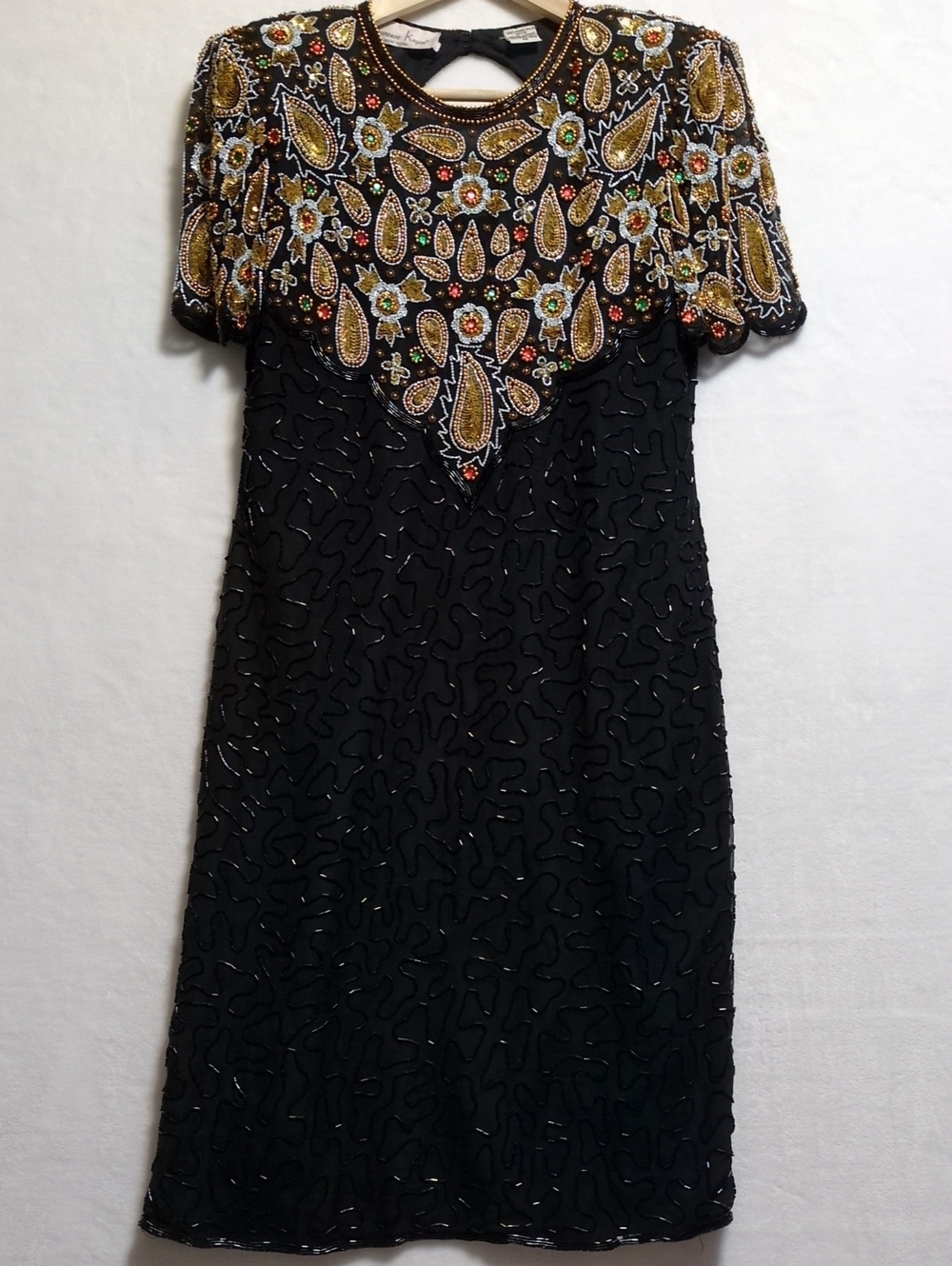 Vintage Laurence Kazar New York Black Silk Beaded Paisley Cocktail Dress M